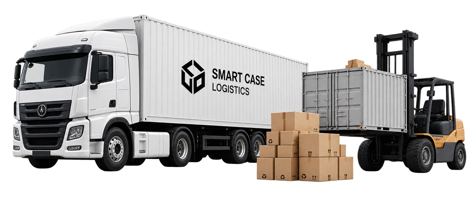 Фура Smart Case Logistics с контейнером, коробки и вилочный погрузчик